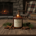 Still Water Cinnamon & Cedarwood Holiday Candle in a dark amber jar with cinnamon sticks and pine sprigs
