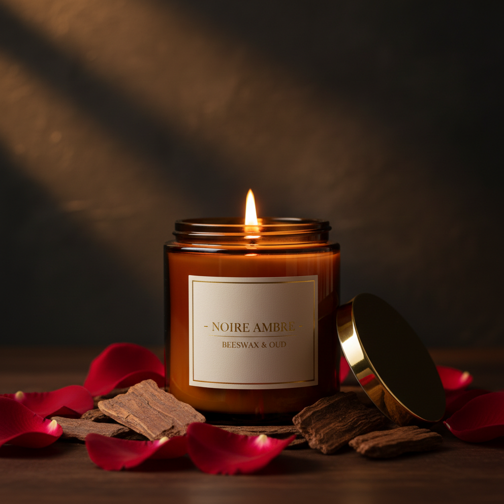 Rose & Oud Beeswax Candle with rose petals and oud wood chips