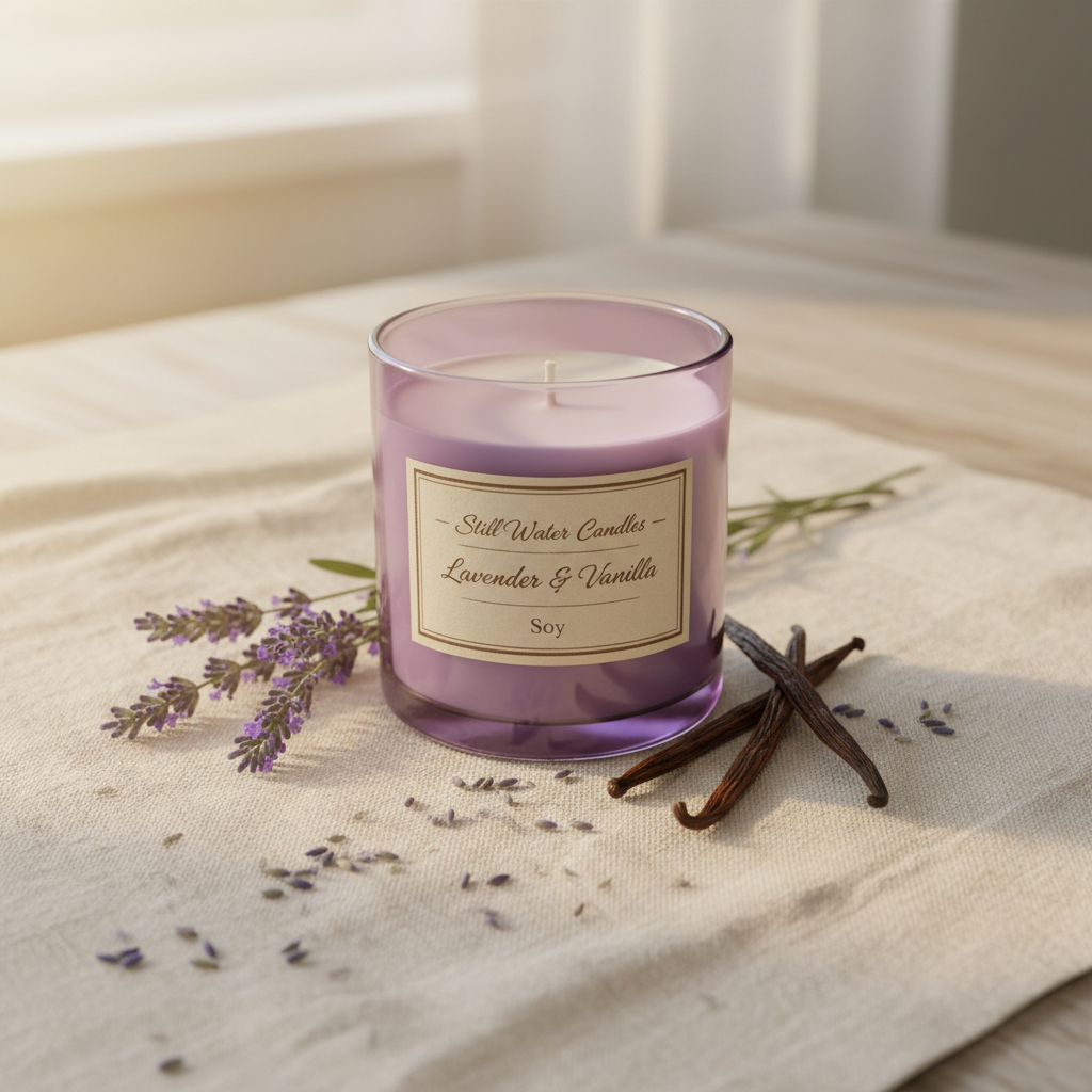 Still Water Lavender & Vanilla Dream Candle in a soft purple glass jar with lavender sprigs and vanilla pods